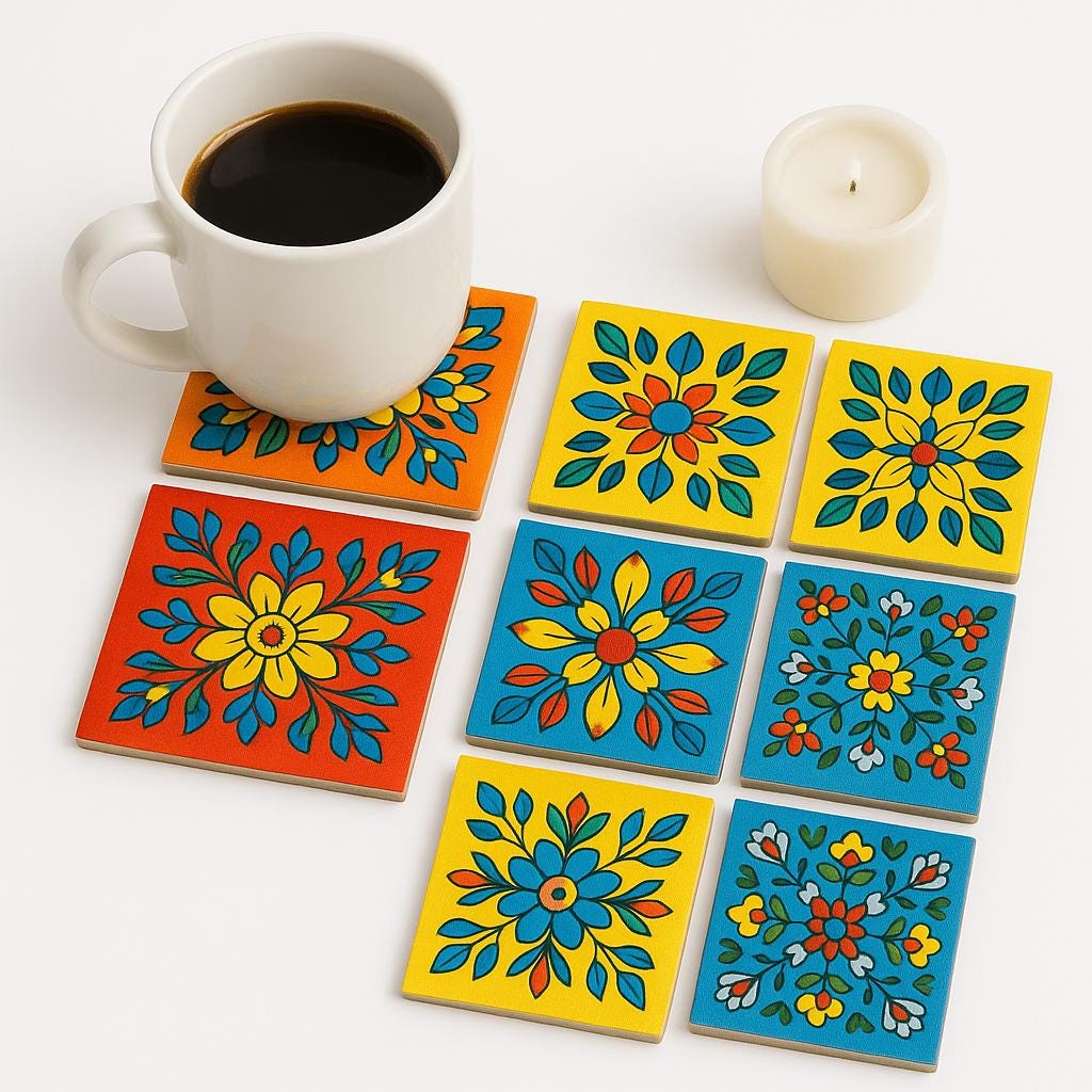 24 Assorted Hand-Painted Tile: Yellow Floral Ceramic Wall Decor,