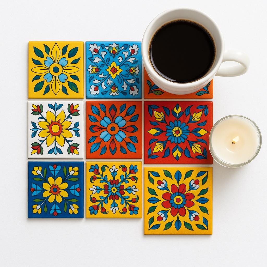 24 Assorted Hand-Painted Tile: Yellow Floral Ceramic Wall Decor,