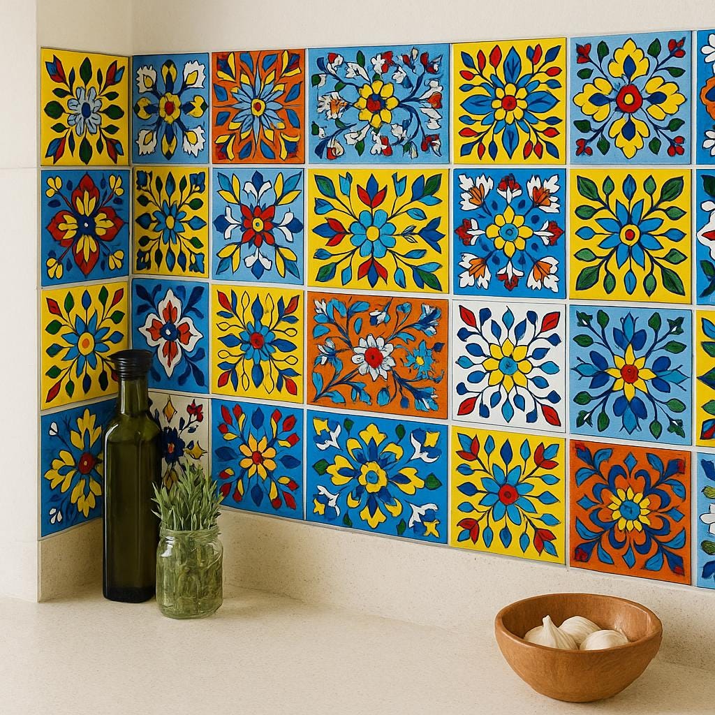 24 Assorted Hand-Painted Tile: Yellow Floral Ceramic Wall Decor,