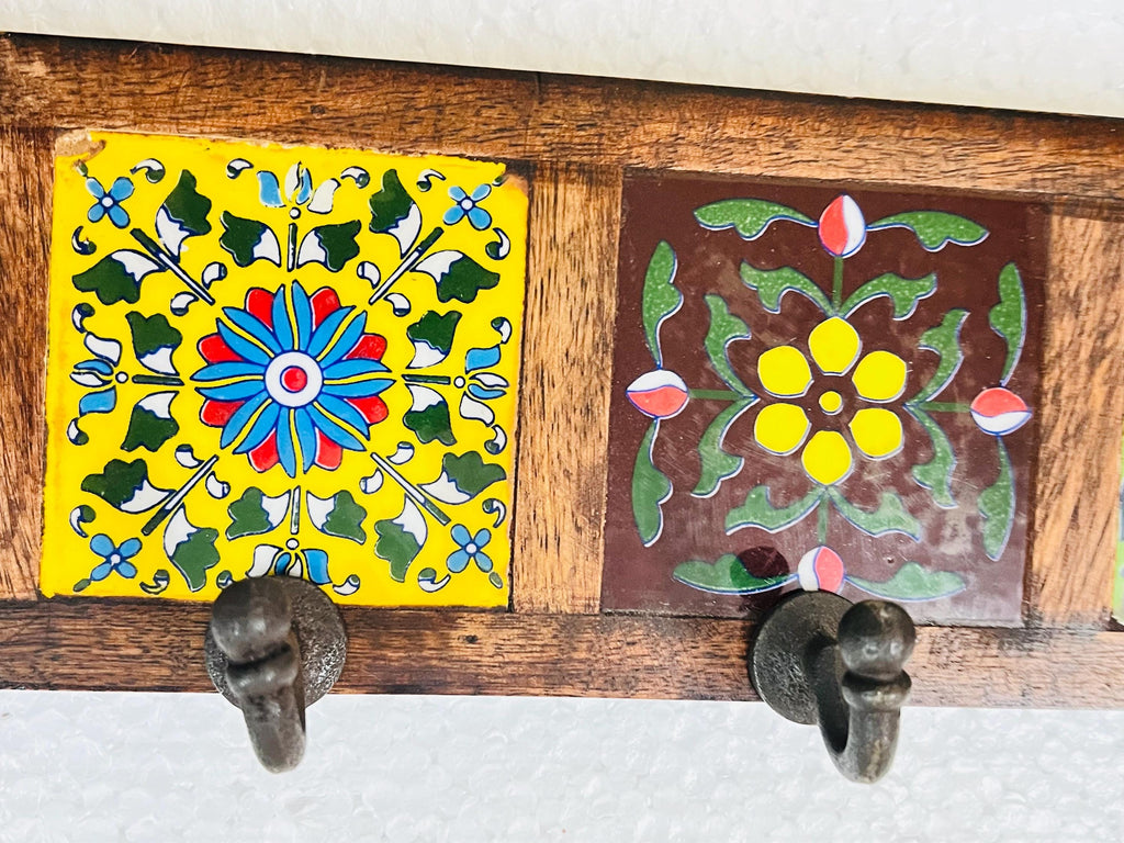 Handmade Wooden Wall Hook Rack  Floral Ceramic Tile Inlay