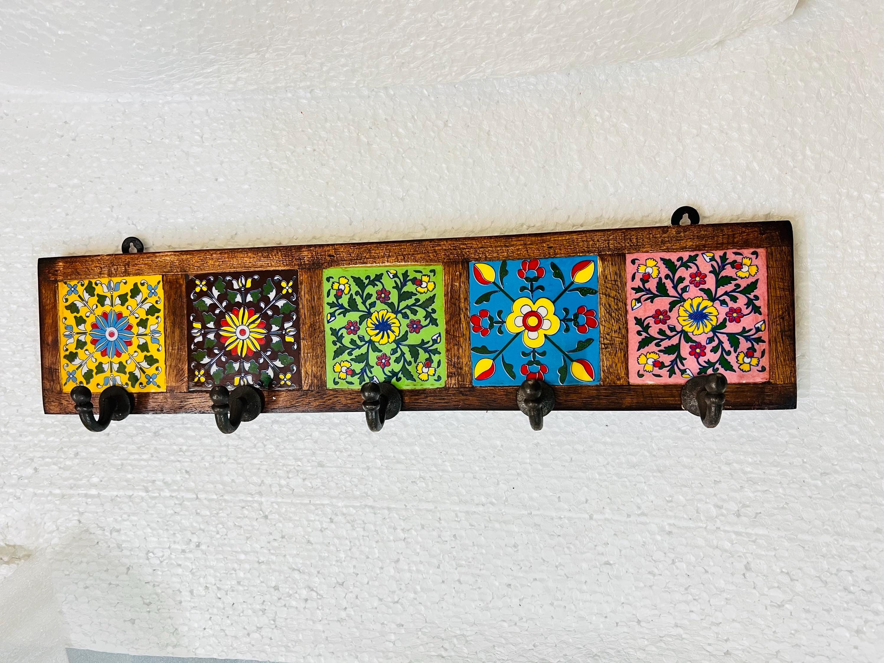 Handmade Wooden Wall Hook Rack  Floral Ceramic Tile Inlay