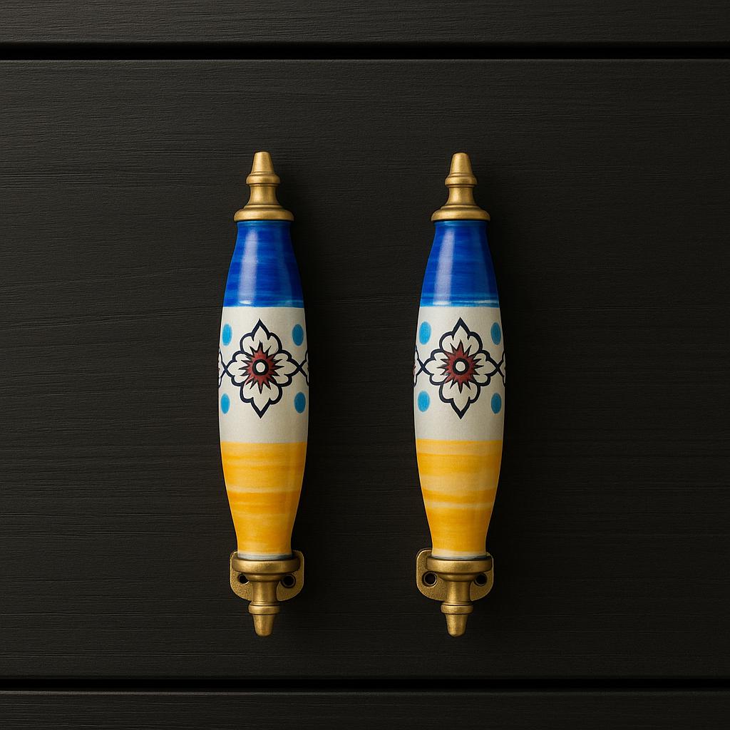 Floral Ceramic Drawer Pulls - Blue, Yellow, and Brass Hardware (Set of 2)