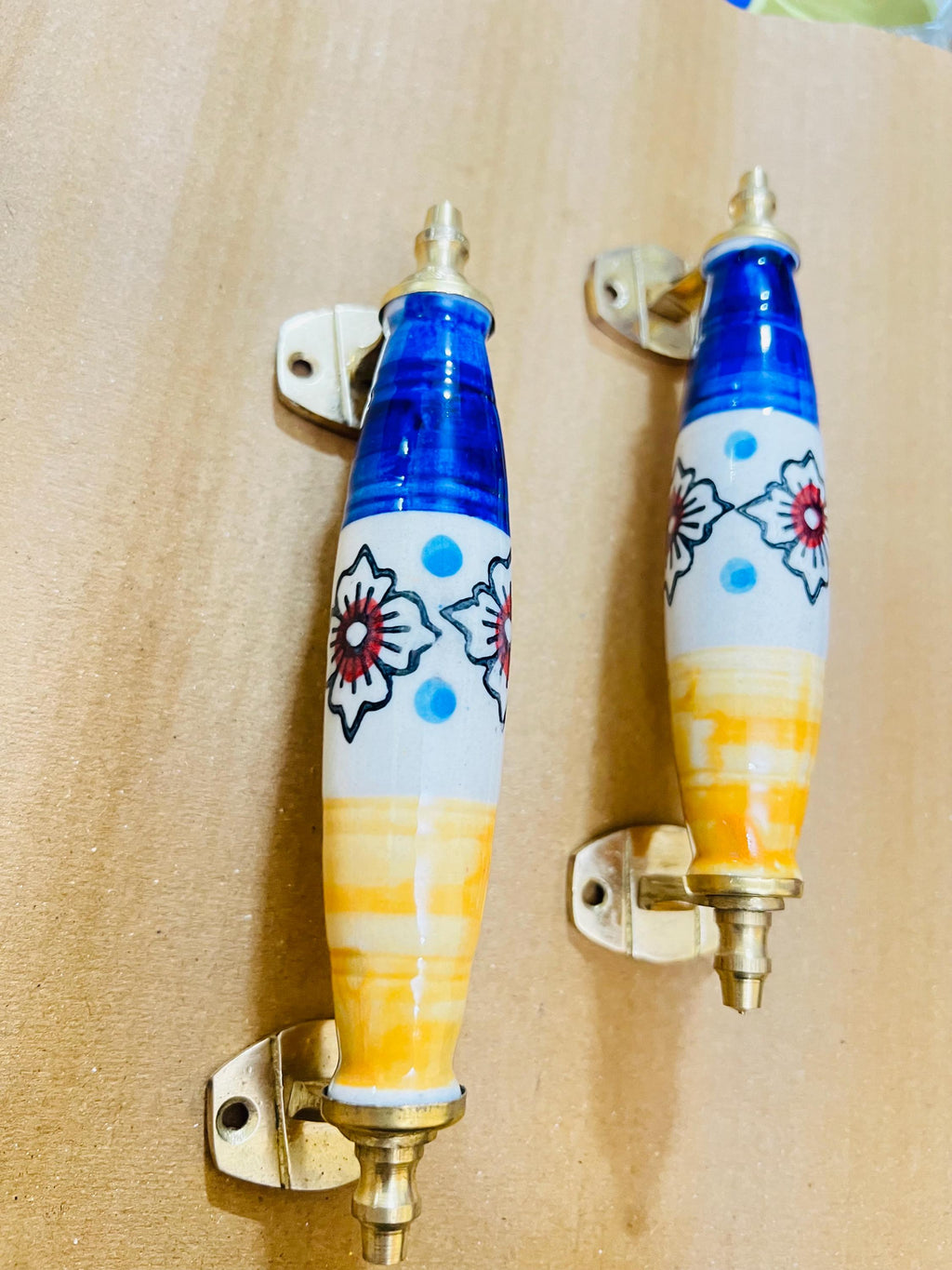 Floral Ceramic Drawer Pulls - Blue, Yellow, and Brass Hardware (Set of 2)
