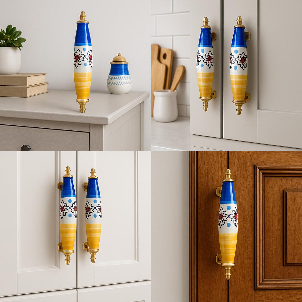 Floral Ceramic Drawer Pulls - Blue, Yellow, and Brass Hardware (Set of 2)