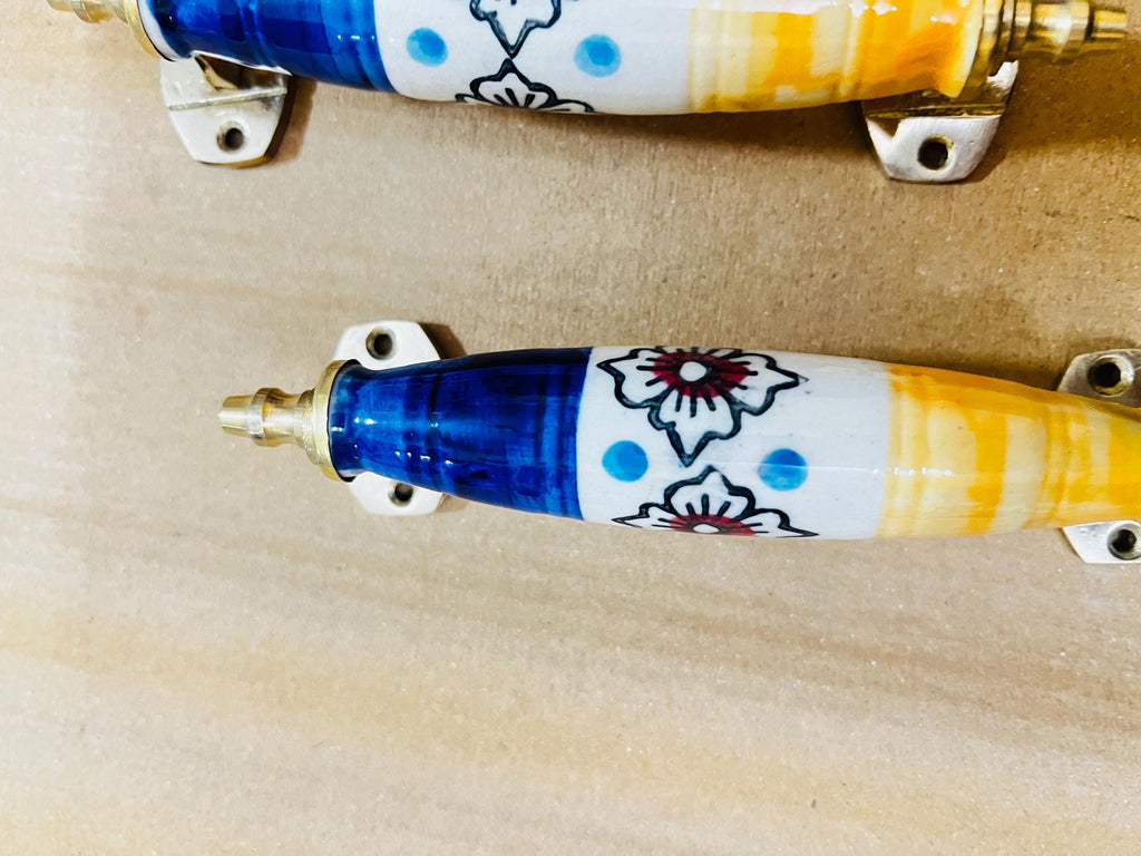 Floral Ceramic Drawer Pulls - Blue, Yellow, and Brass Hardware (Set of 2)