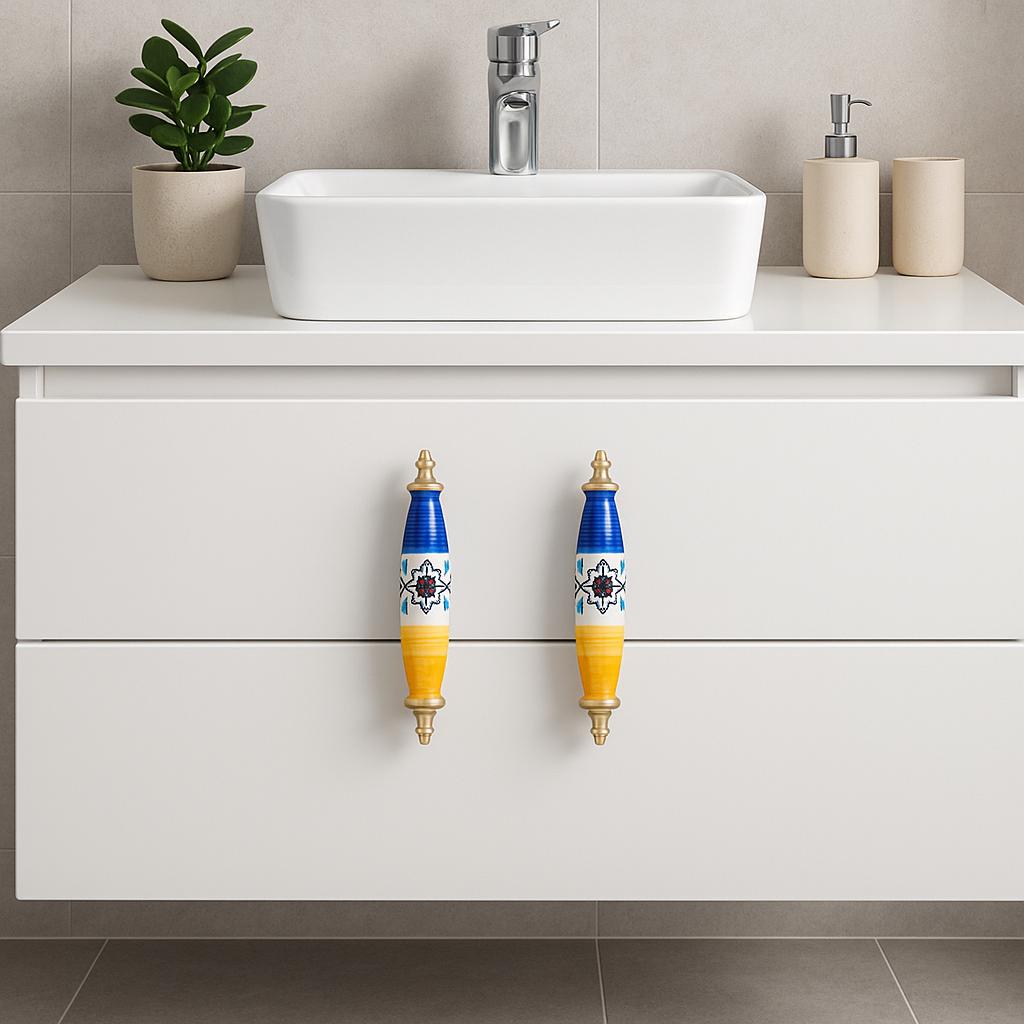Floral Ceramic Drawer Pulls - Blue, Yellow, and Brass Hardware (Set of 2)