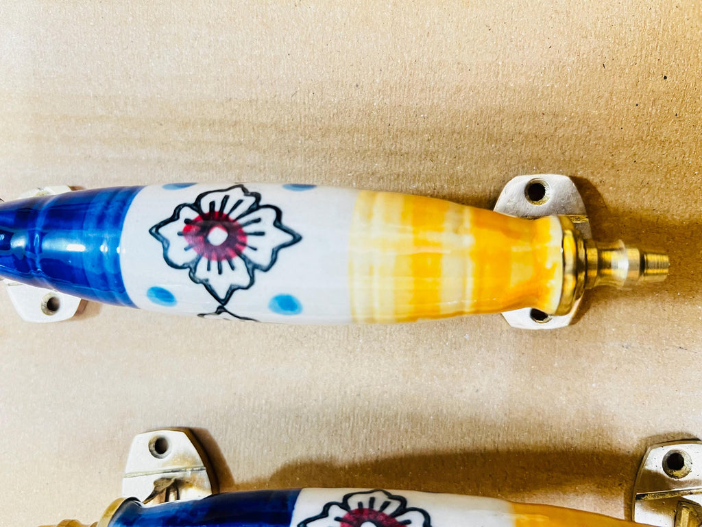Floral Ceramic Drawer Pulls - Blue, Yellow, and Brass Hardware (Set of 2)