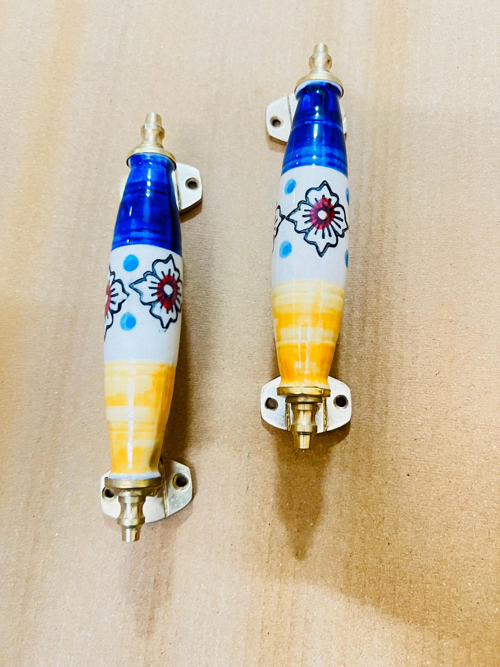 Floral Ceramic Drawer Pulls - Blue, Yellow, and Brass Hardware (Set of 2)