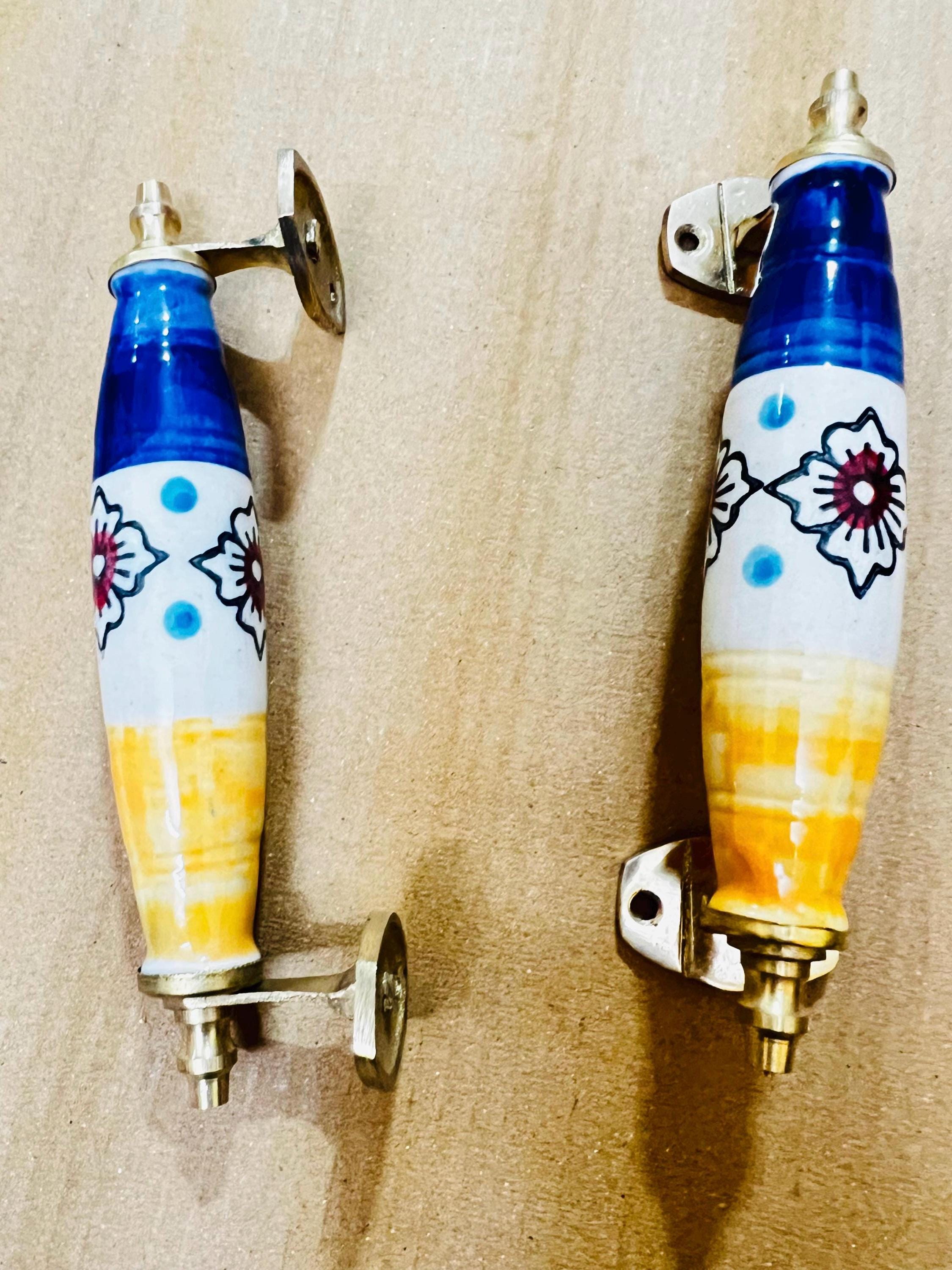 Floral Ceramic Drawer Pulls - Blue, Yellow, and Brass Hardware (Set of 2)