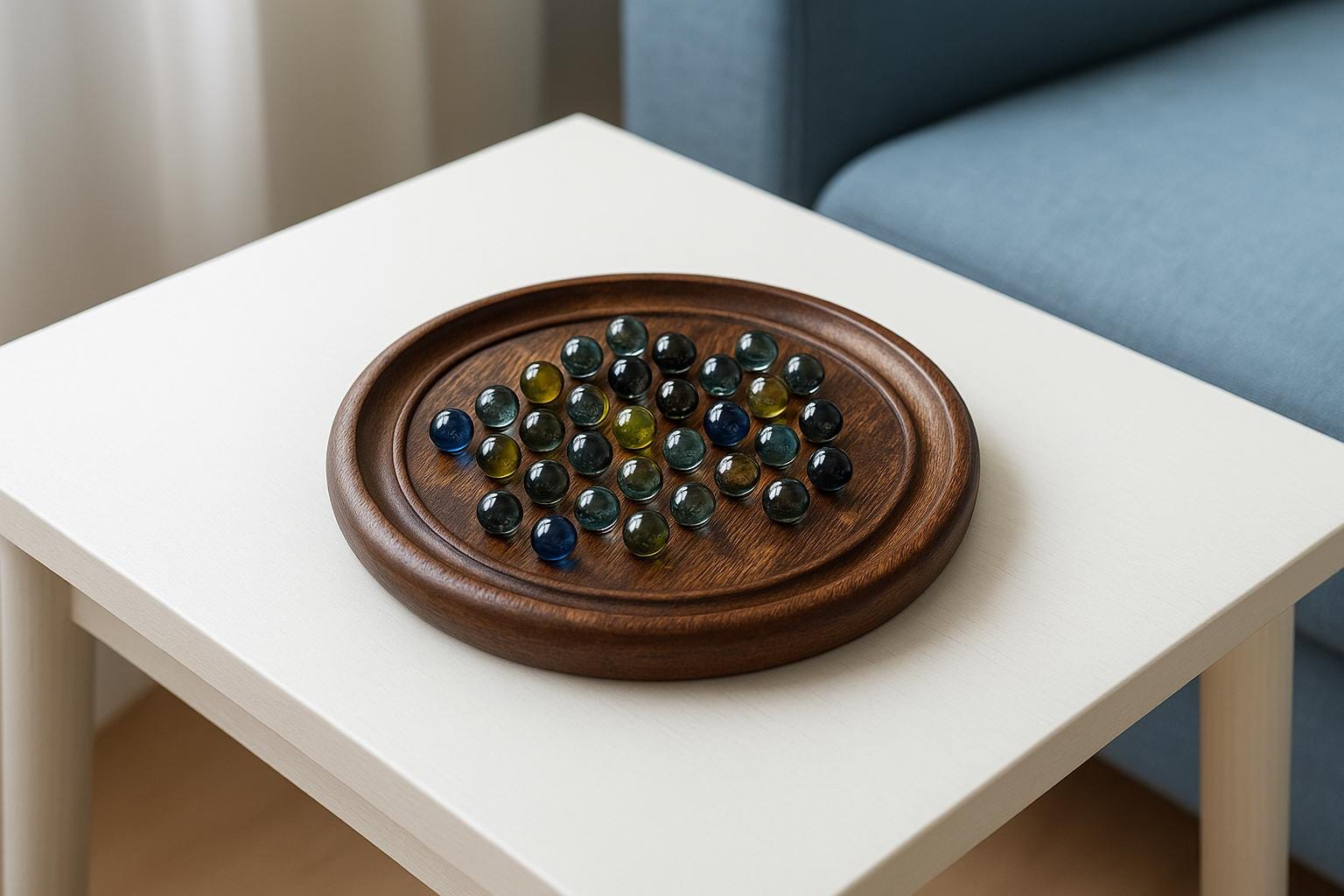 Handcrafted Wooden Solitaire Board Game  Brain Teaser with Glass Marbles