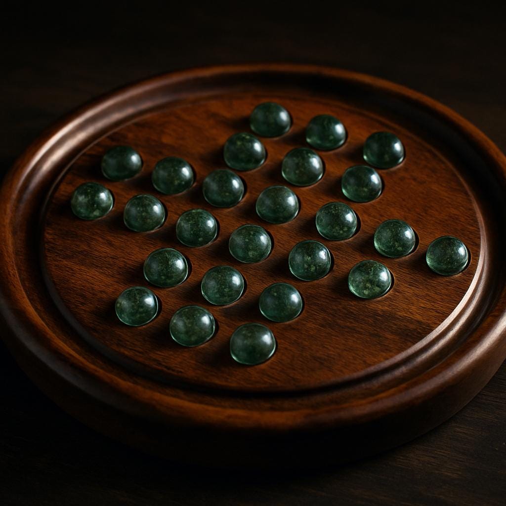 Handcrafted Wooden Solitaire Board Game  Brain Teaser with Glass Marbles