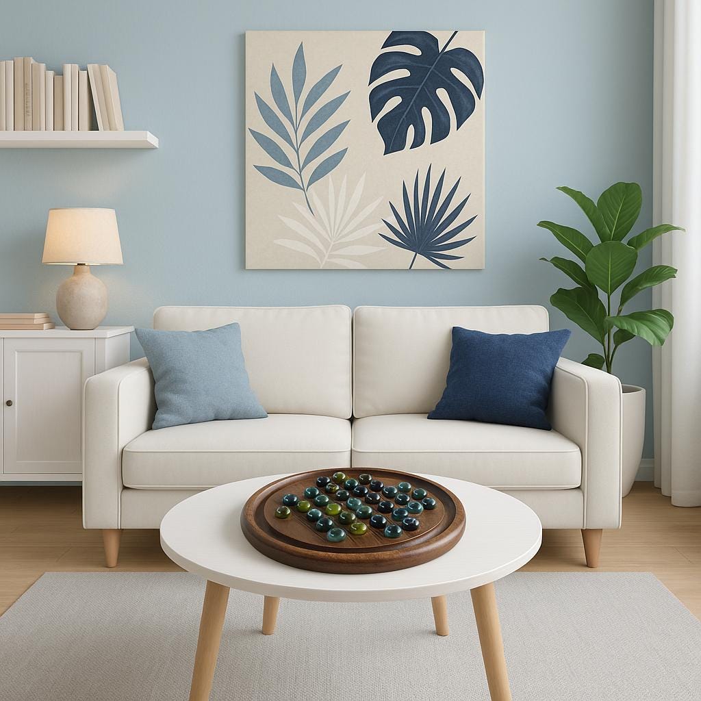 Handcrafted Wooden Solitaire Board Game  Brain Teaser with Glass Marbles