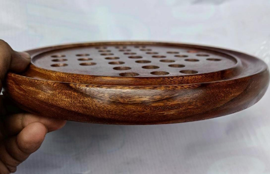 Handcrafted Wooden Solitaire Board Game  Brain Teaser with Glass Marbles