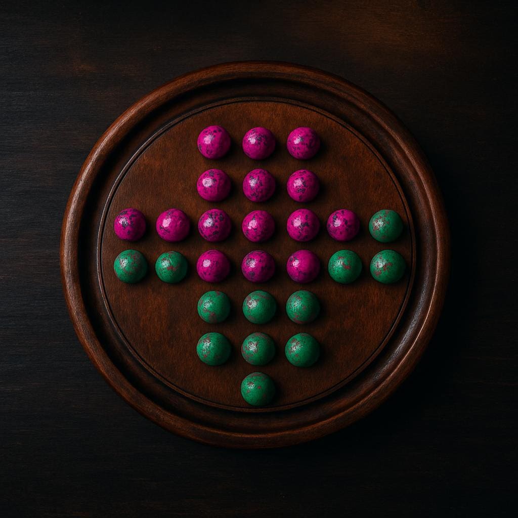 Handmade Wooden Solitaire Board Game  9 Inch, Pink & Green Marbles