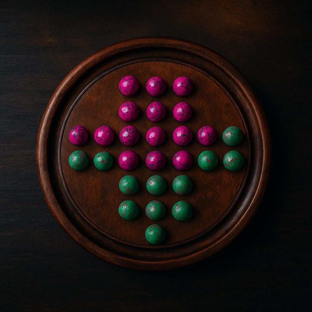 Handmade Wooden Solitaire Board Game  9 Inch, Pink & Green Marbles