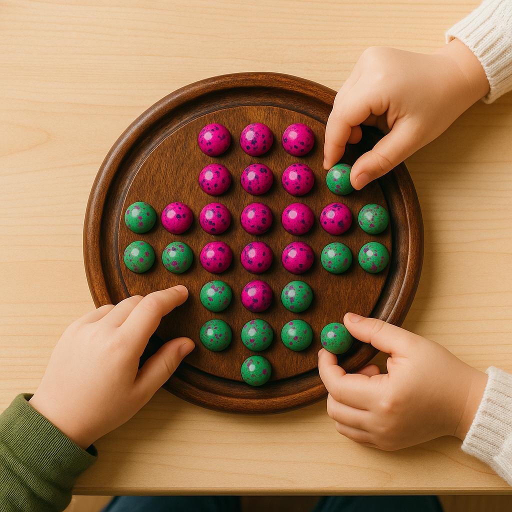 Handmade Wooden Solitaire Board Game  9 Inch, Pink & Green Marbles