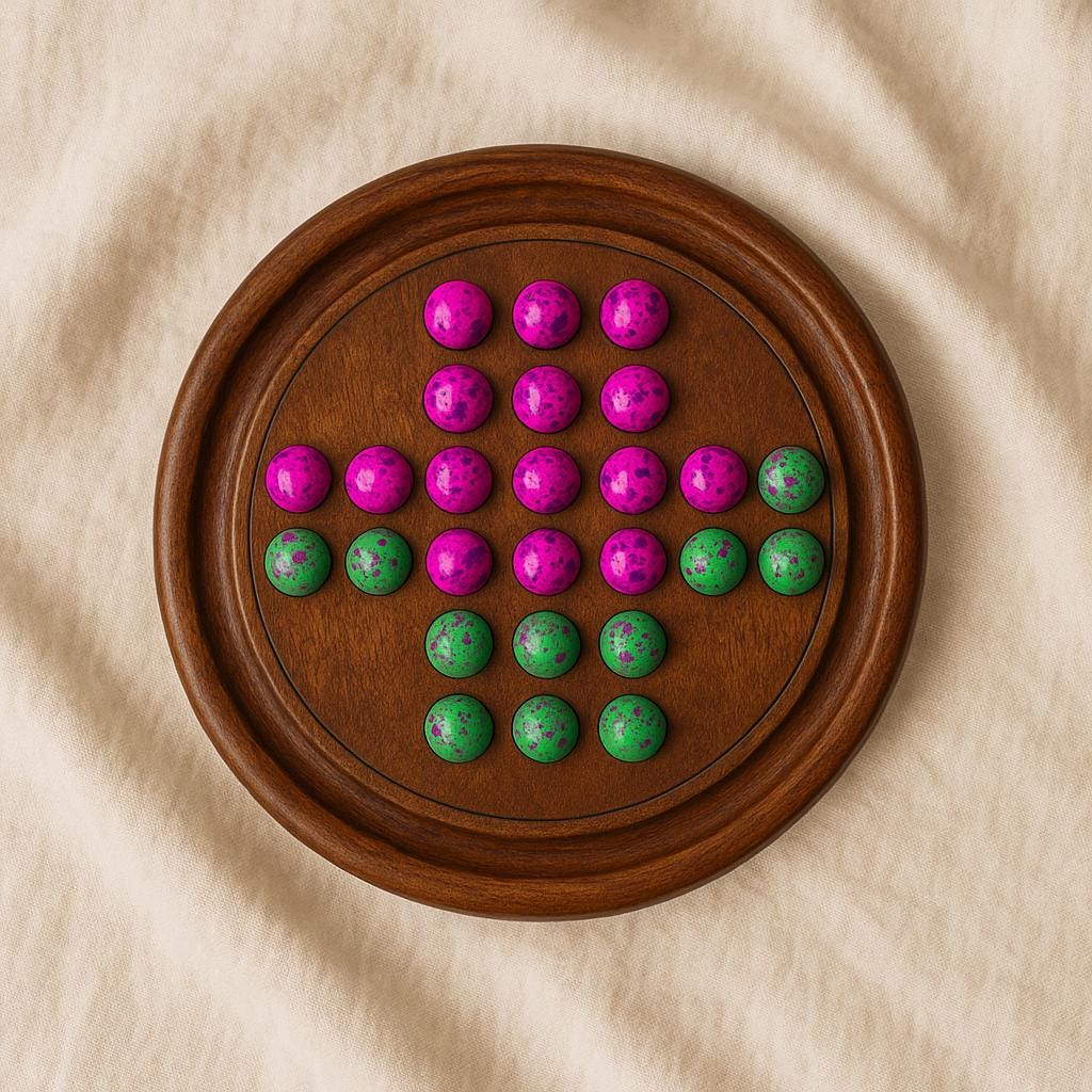 Handmade Wooden Solitaire Board Game  9 Inch, Pink & Green Marbles