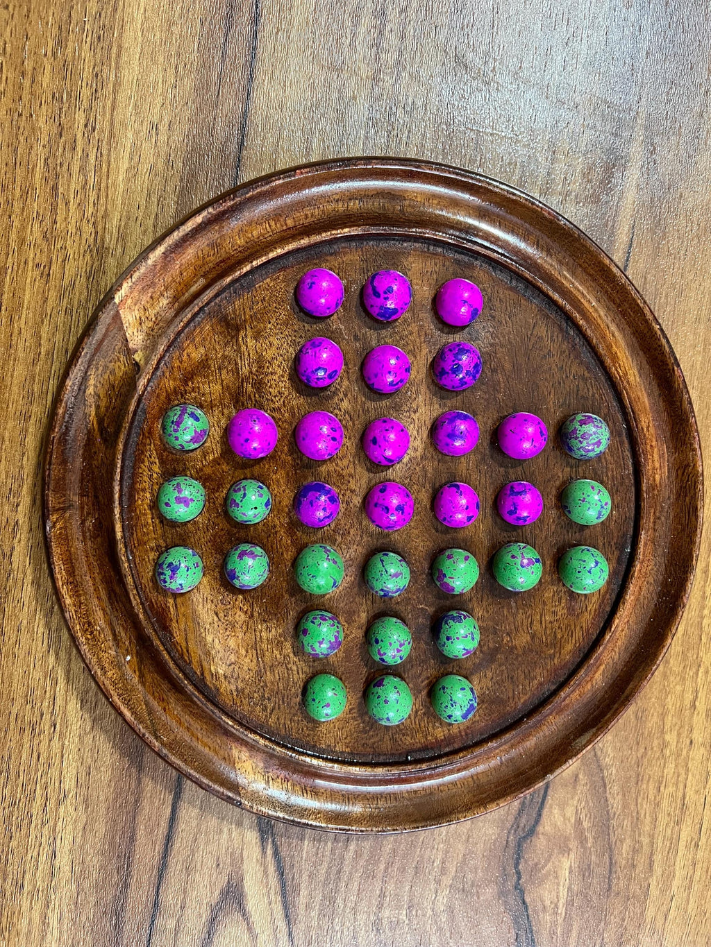 Handmade Wooden Solitaire Board Game  9 Inch, Pink & Green Marbles