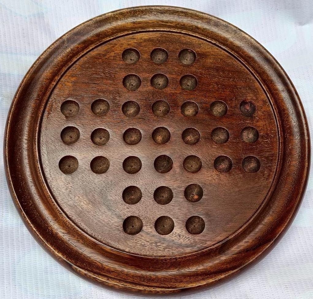 9 Inch Wooden Solitaire Board Game  Handmade White Peg Solitaire  Montessori Toy  Natural Marbles  Coffee Table Decor