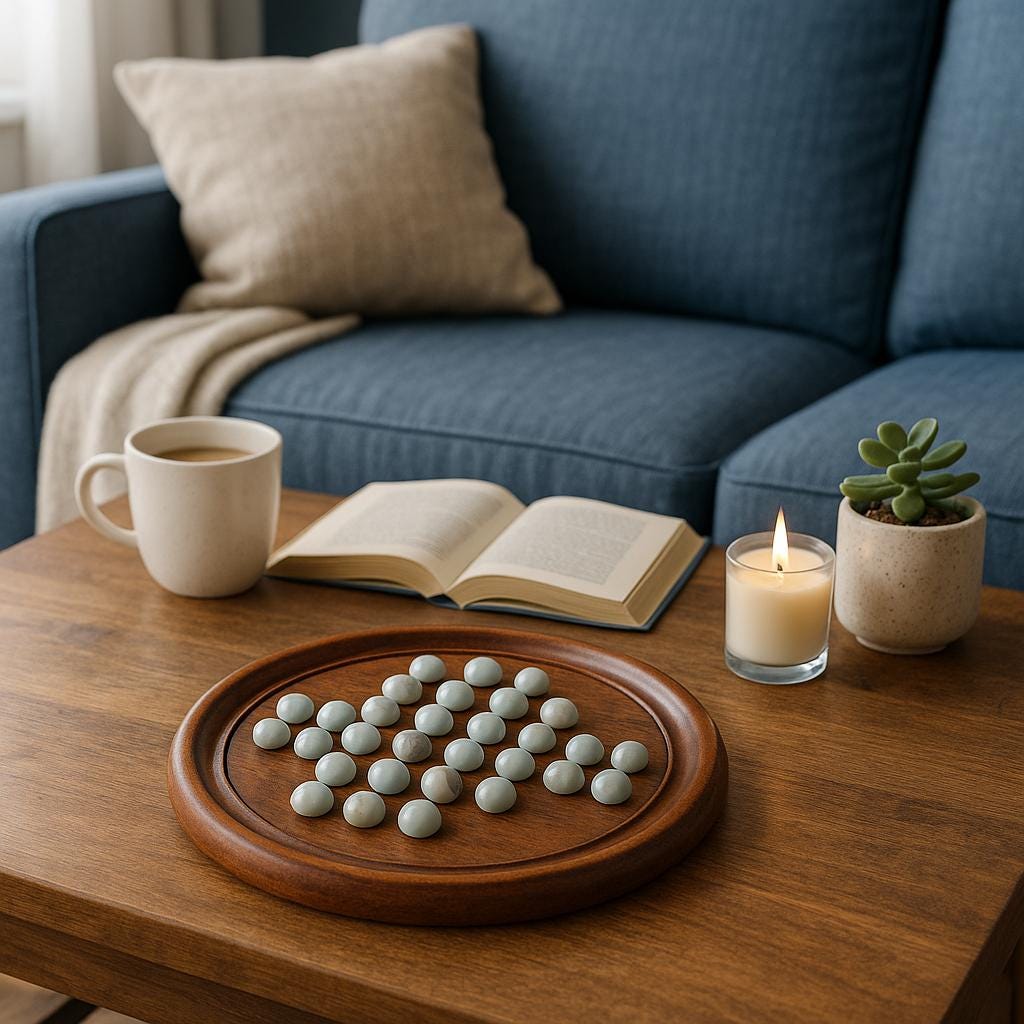 9 Inch Wooden Solitaire Board Game  Handmade White Peg Solitaire  Montessori Toy  Natural Marbles  Coffee Table Decor