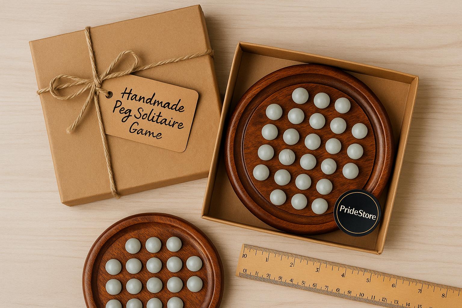 Handmade Wooden Solitaire Board Game  Natural Marble Pegs, 9 Inch