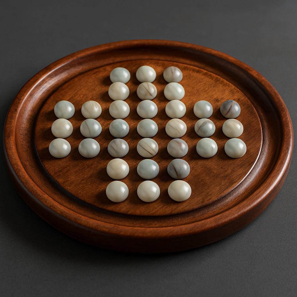 9 Inch Wooden Solitaire Board Game  Handmade White Peg Solitaire  Montessori Toy  Natural Marbles  Coffee Table Decor