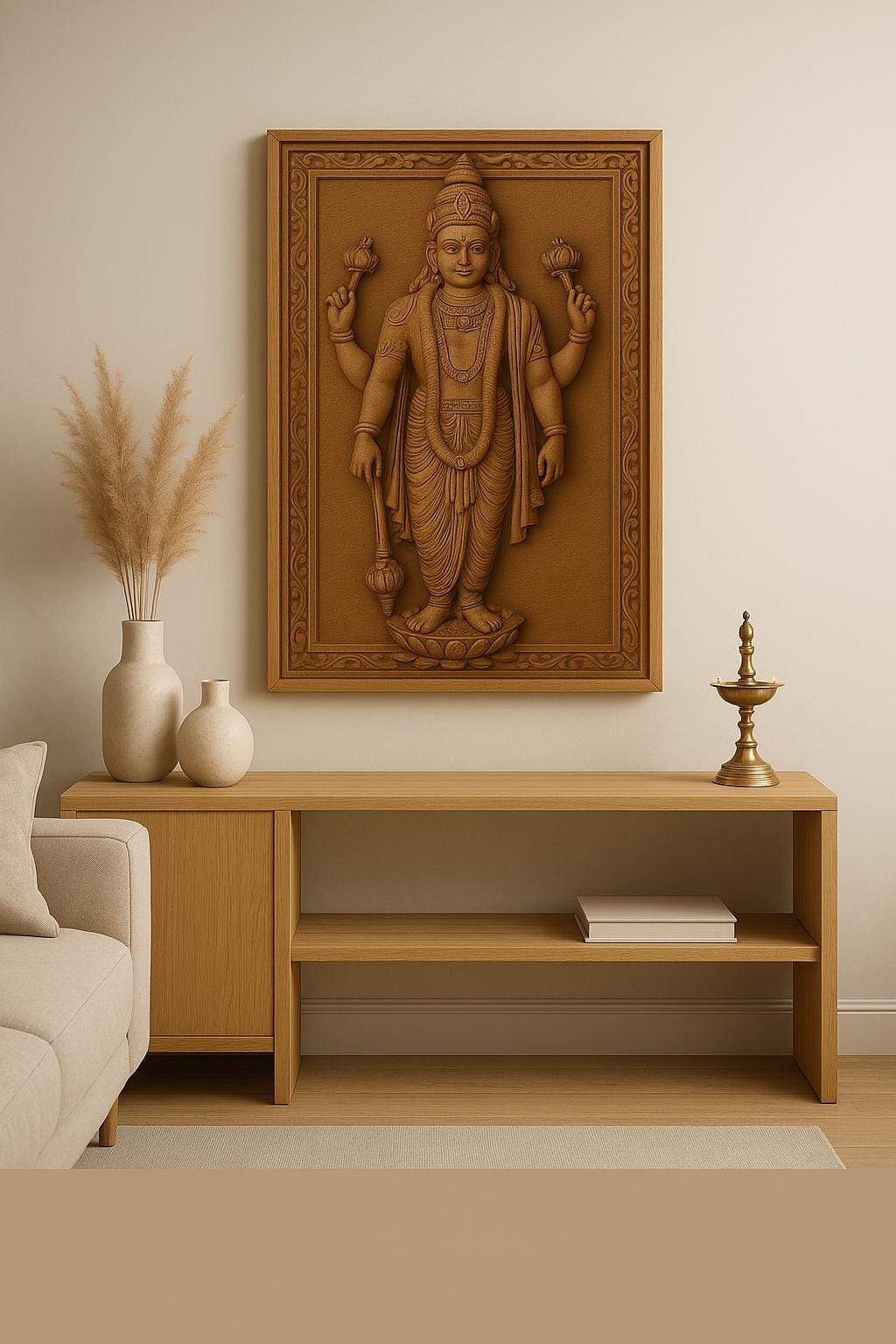 Lord Vishnu Wall Art - Carved Wood Pooja Panel