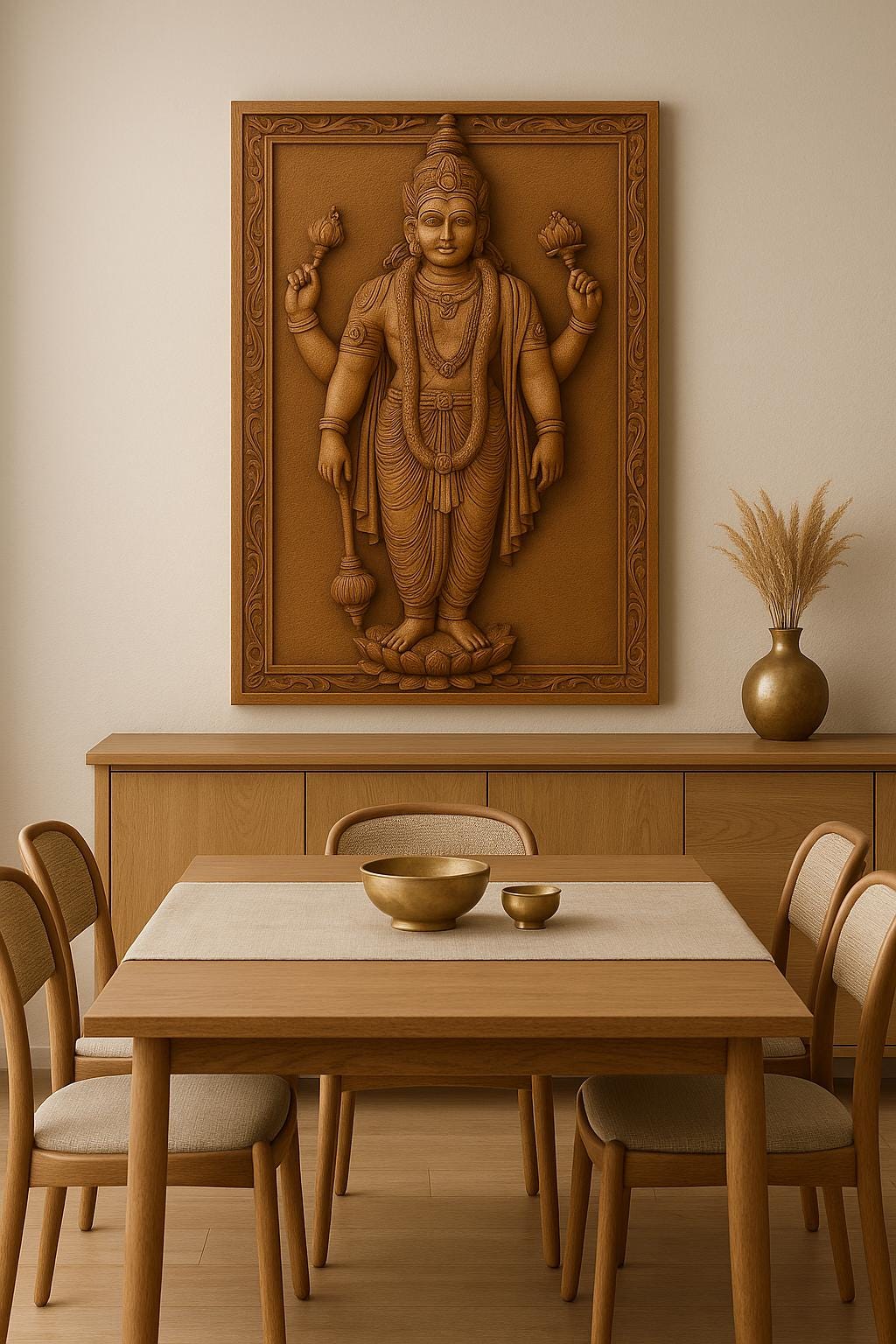 Lord Vishnu Wall Art - Carved Wood Pooja Panel