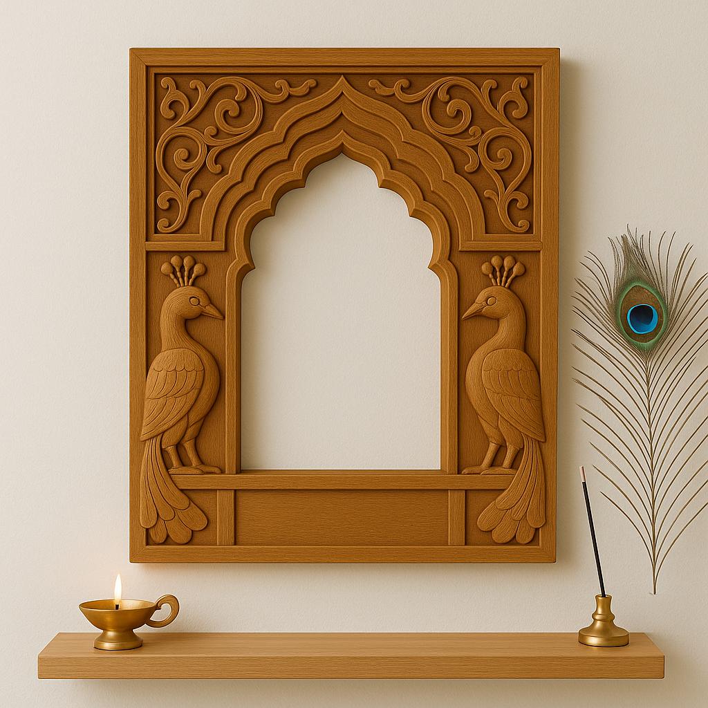 Peacock Jharokha Wall Frame - Teak Finish