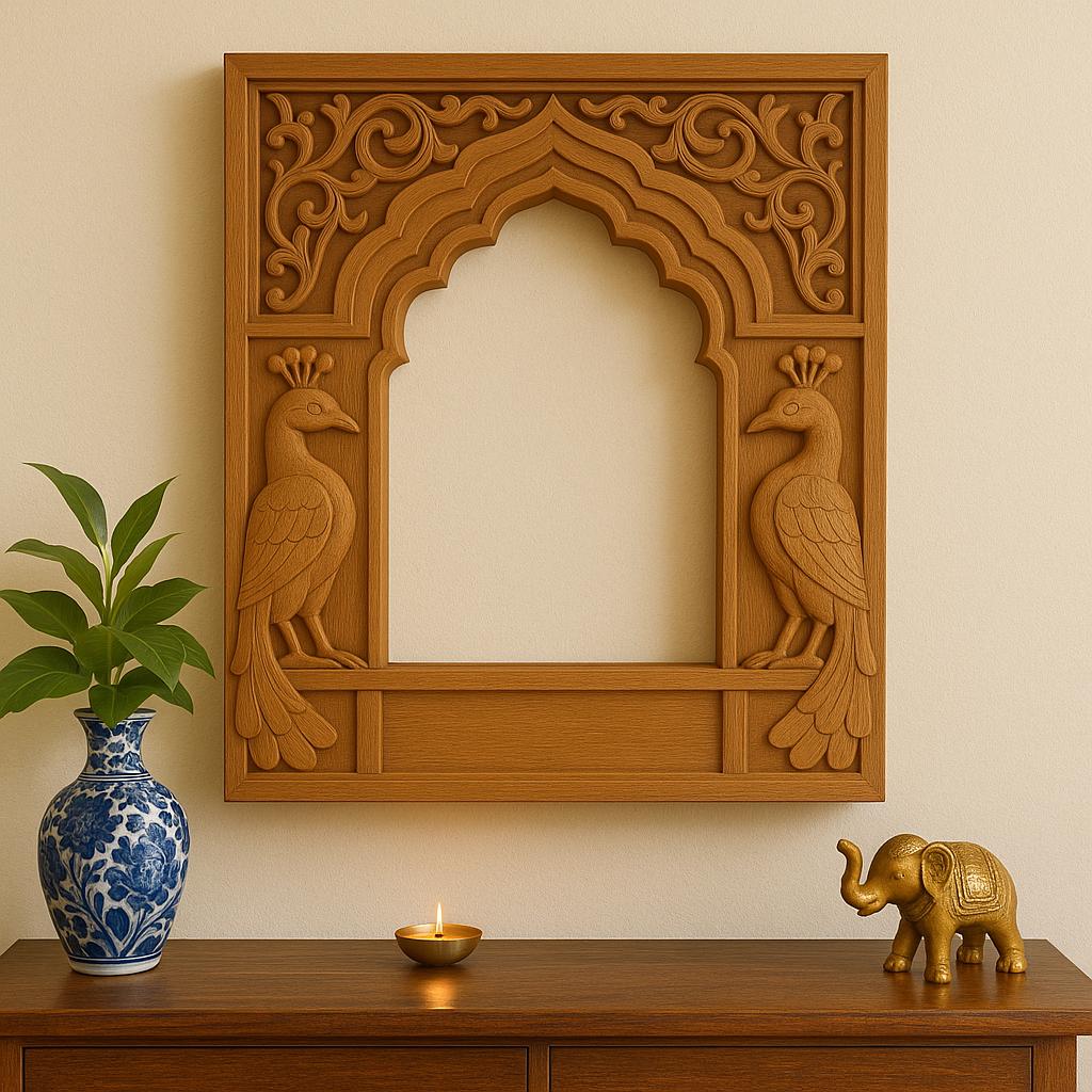 Peacock Jharokha Wall Frame - Teak Finish