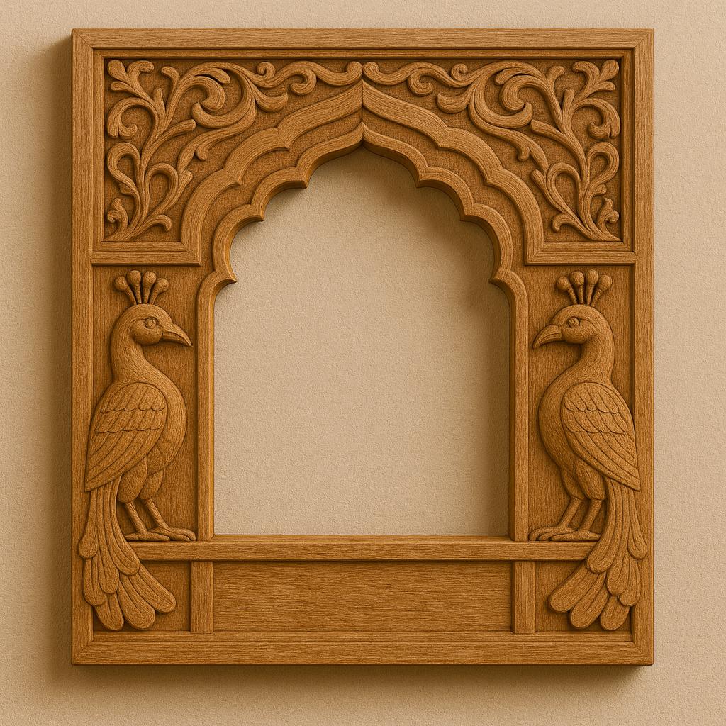 Peacock Jharokha Wall Frame - Teak Finish