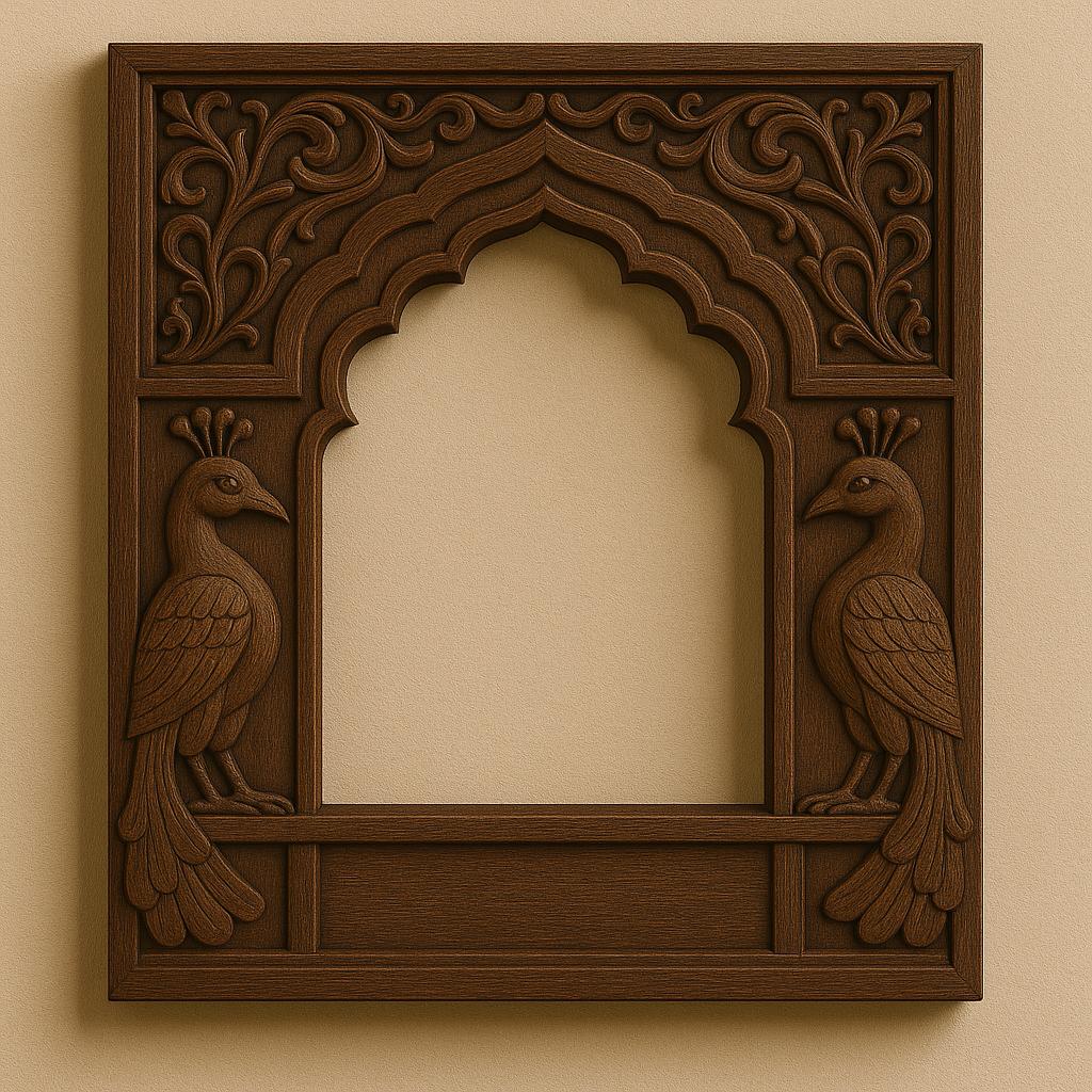 Peacock Jharokha Wall Frame - Teak Finish