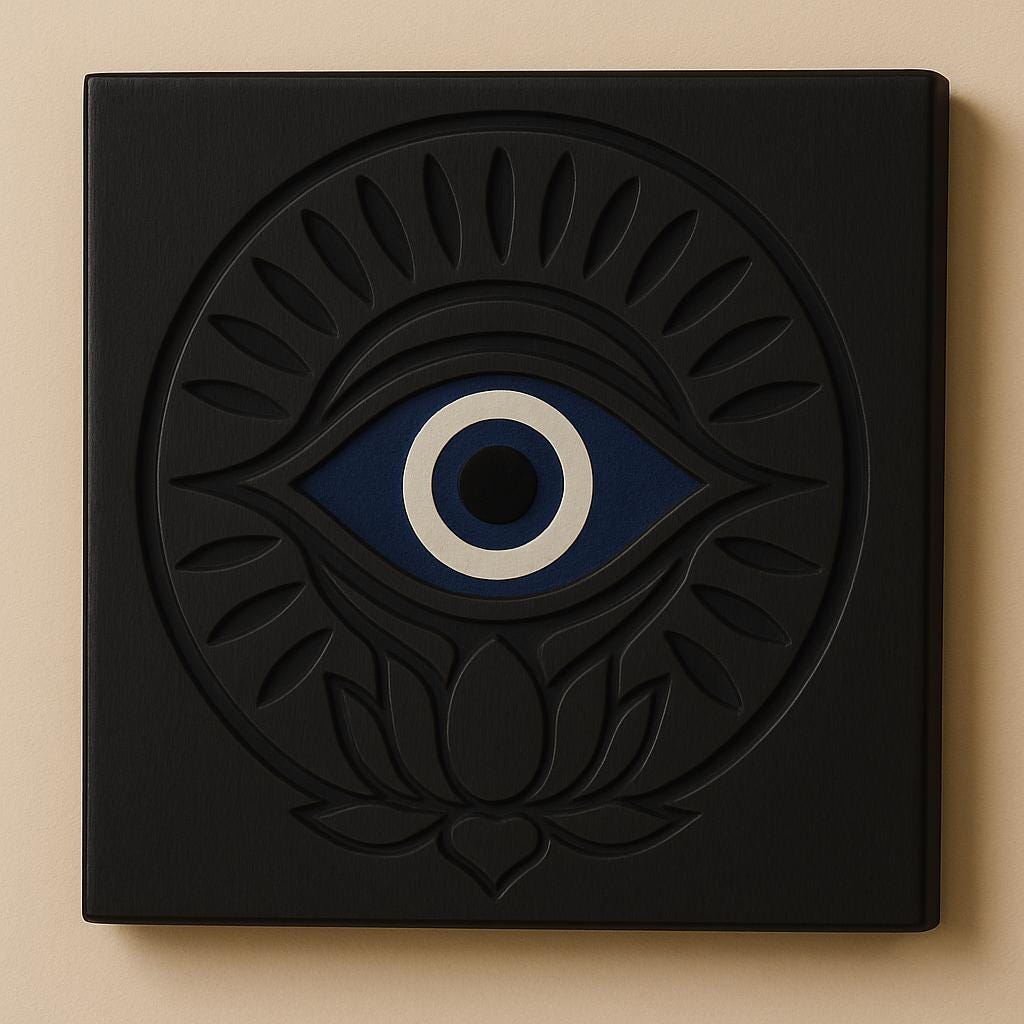 Evil Eye Wooden Wall Art | Nazar Protection Decor | Carved Lotus Evil Eye Plaque | Boho, Rustic, Teak, Distressed White, Teal Wall Hanging