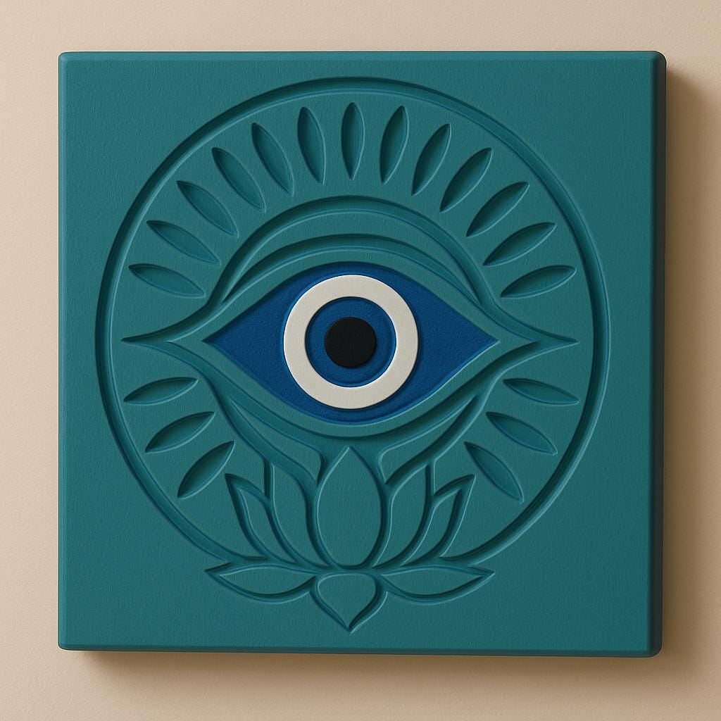 Evil Eye Wooden Wall Art | Nazar Protection Decor | Carved Lotus Evil Eye Plaque | Boho, Rustic, Teak, Distressed White, Teal Wall Hanging