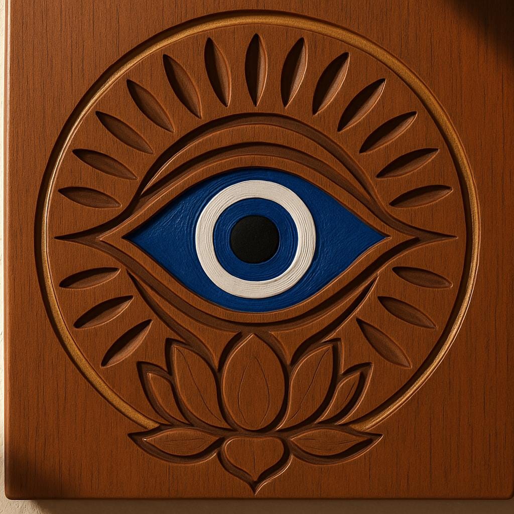 Evil Eye Wooden Wall Art | Nazar Protection Decor | Carved Lotus Evil Eye Plaque | Boho, Rustic, Teak, Distressed White, Teal Wall Hanging