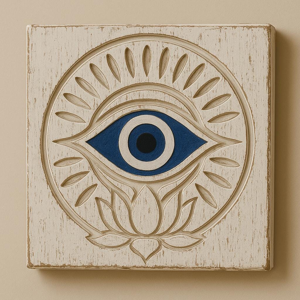 Evil Eye Wooden Wall Art | Nazar Protection Decor | Carved Lotus Evil Eye Plaque | Boho, Rustic, Teak, Distressed White, Teal Wall Hanging