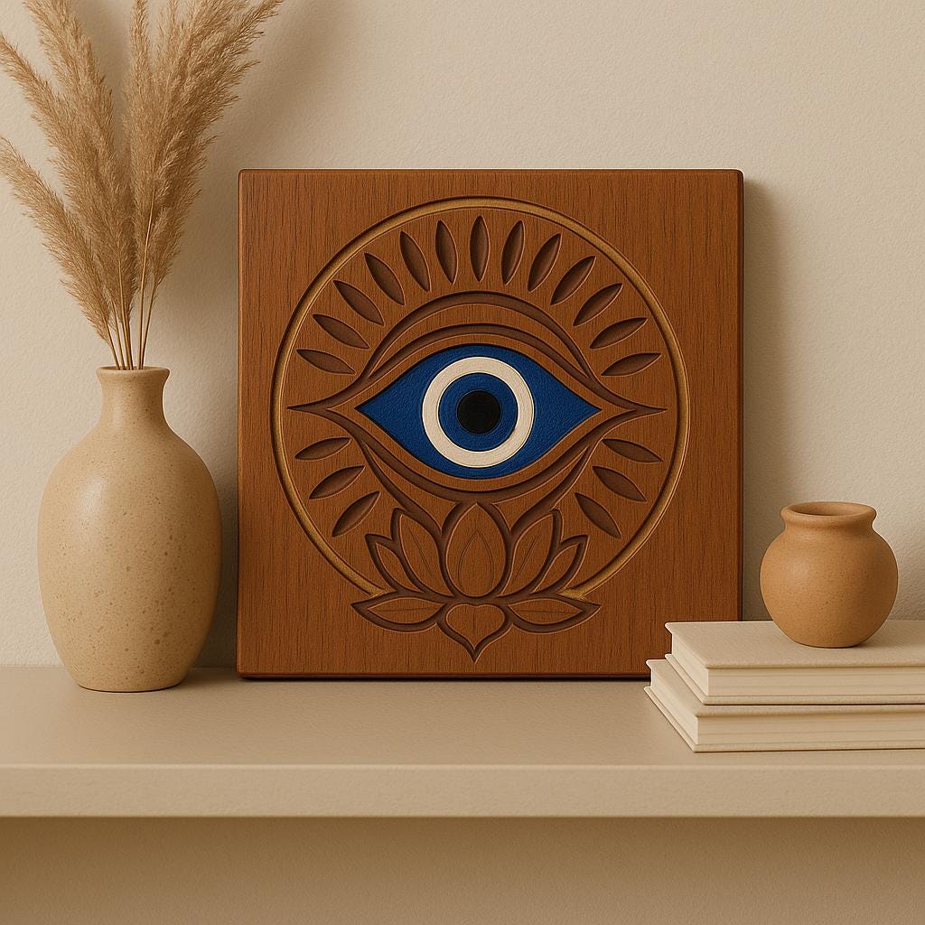 Evil Eye Wooden Wall Art | Nazar Protection Decor | Carved Lotus Evil Eye Plaque | Boho, Rustic, Teak, Distressed White, Teal Wall Hanging