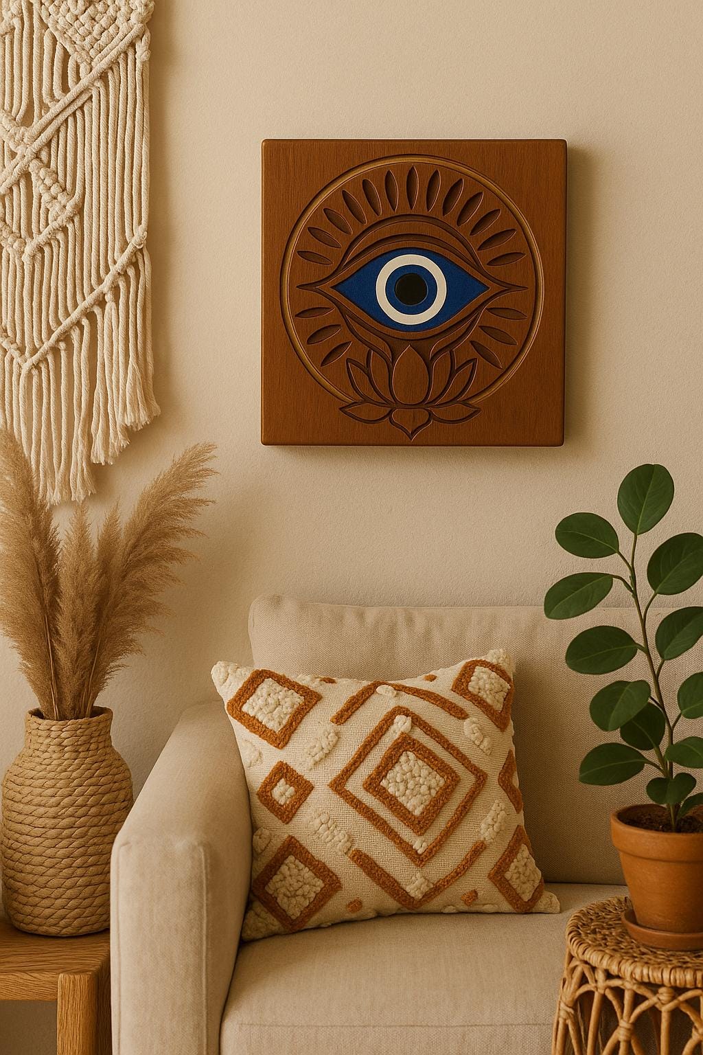 Evil Eye Wooden Wall Art | Nazar Protection Decor | Carved Lotus Evil Eye Plaque | Boho, Rustic, Teak, Distressed White, Teal Wall Hanging