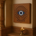 Evil Eye Wooden Wall Art | Nazar Protection Decor | Carved Lotus Evil Eye Plaque | Boho, Rustic, Teak, Distressed White, Teal Wall Hanging