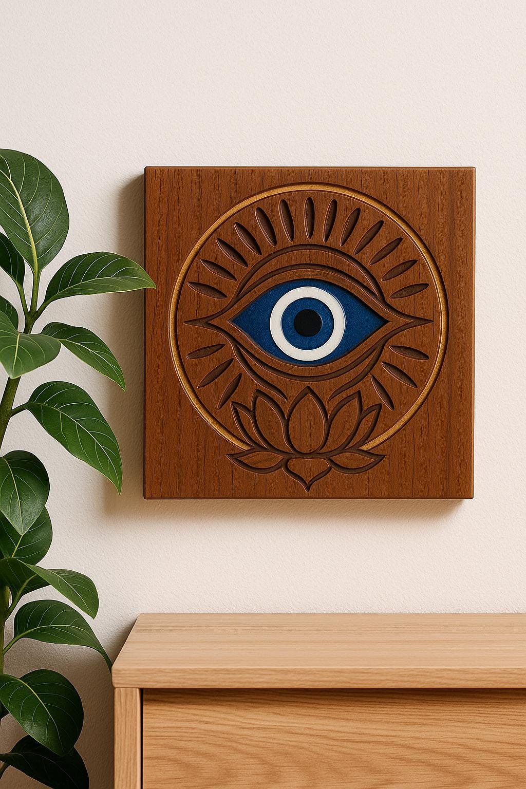 Evil Eye Wooden Wall Art | Nazar Protection Decor | Carved Lotus Evil Eye Plaque | Boho, Rustic, Teak, Distressed White, Teal Wall Hanging