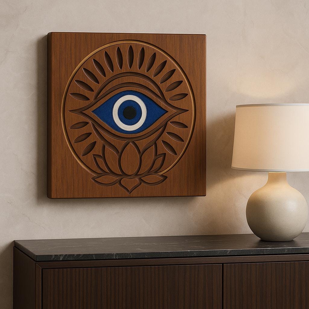 Evil Eye Wooden Wall Art | Nazar Protection Decor | Carved Lotus Evil Eye Plaque | Boho, Rustic, Teak, Distressed White, Teal Wall Hanging