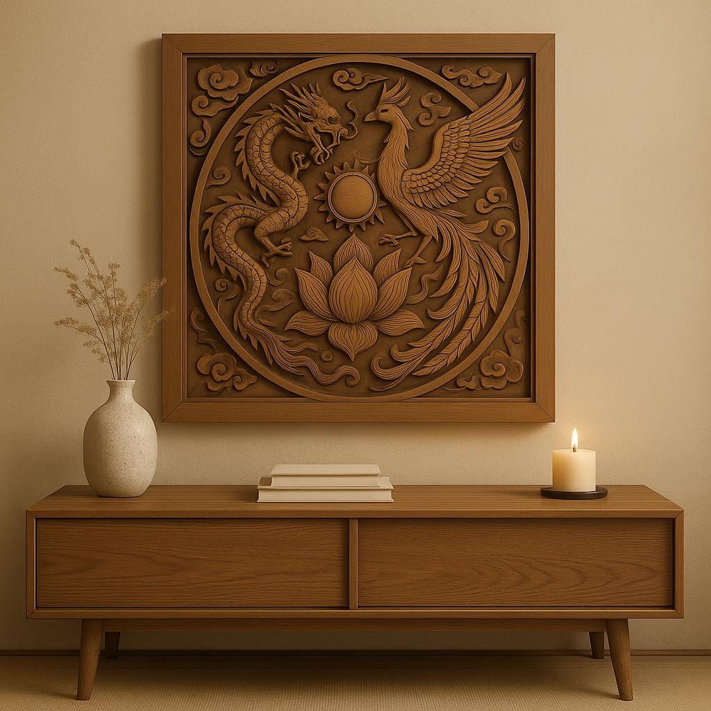 Dragon Phoenix Lotus Wooden Wall Art | Feng Shui Decor