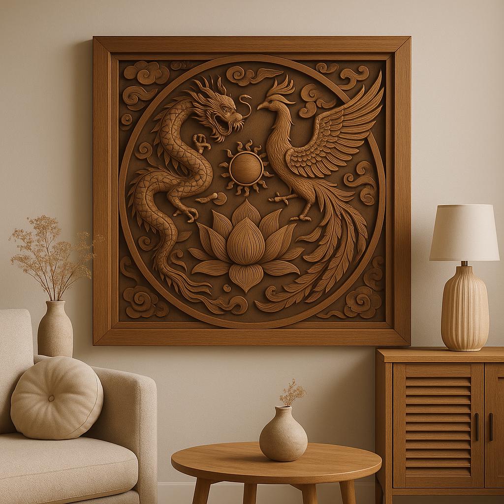 Dragon Phoenix Lotus Wooden Wall Art | Feng Shui Decor