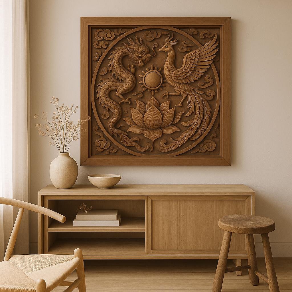 Dragon Phoenix Lotus Wooden Wall Art | Feng Shui Decor