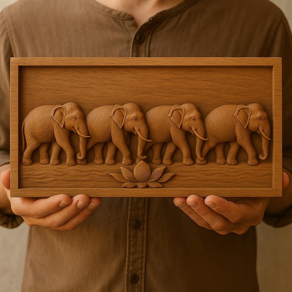 Elephant Wooden Wall Panel - Teak Handcrafted Parade Art