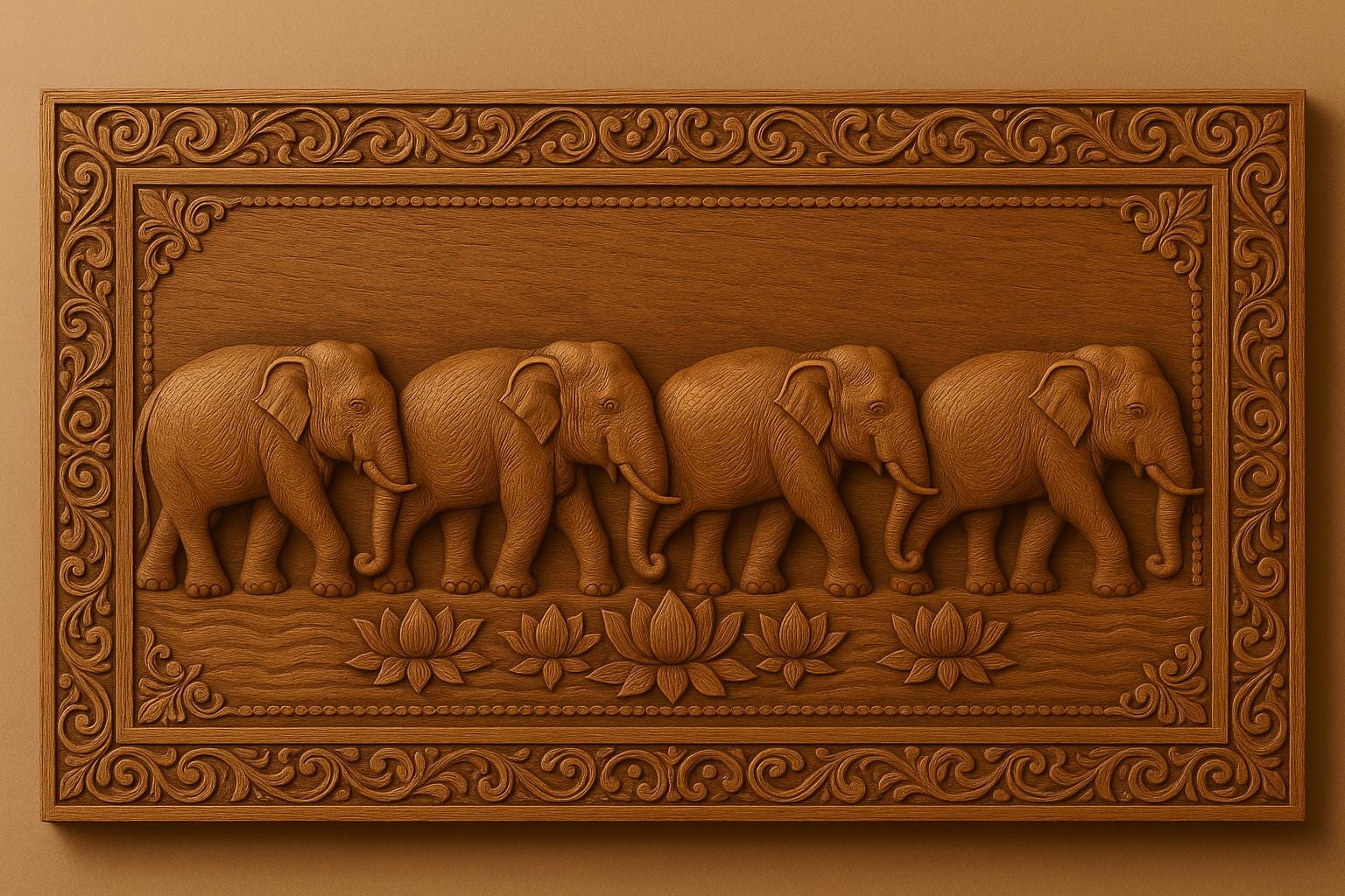 Elephant Wooden Wall Panel - Teak Handcrafted Parade Art