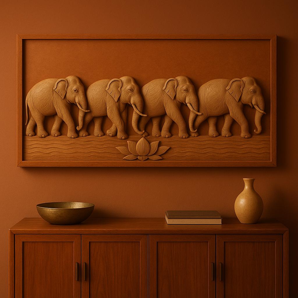 Elephant Wooden Wall Panel - Teak Handcrafted Parade Art