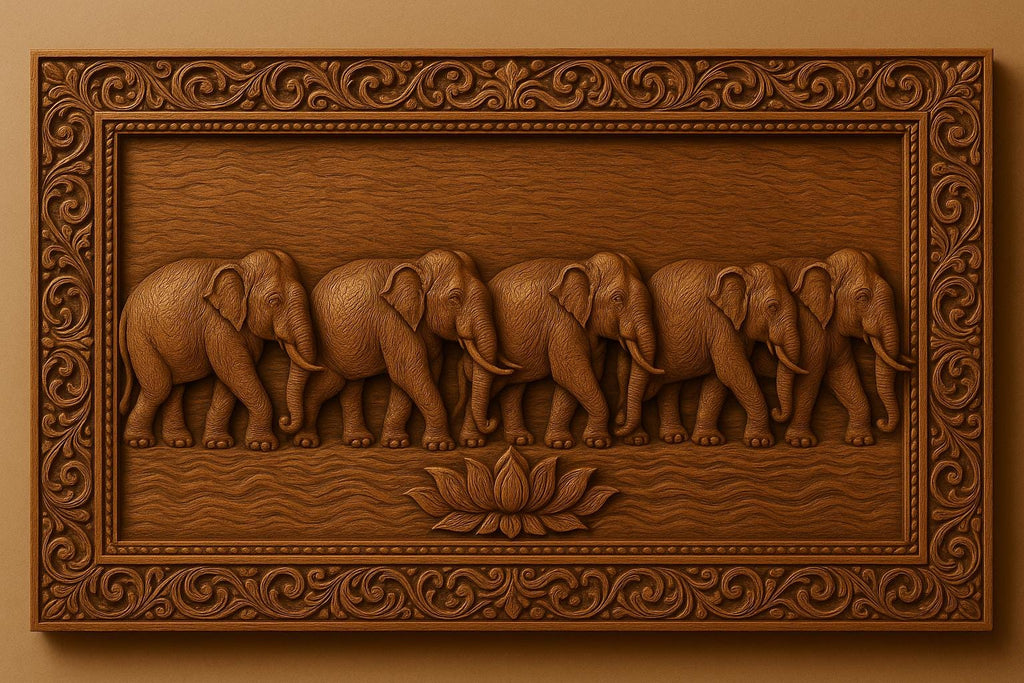 Elephant Wooden Wall Panel - Teak Handcrafted Parade Art