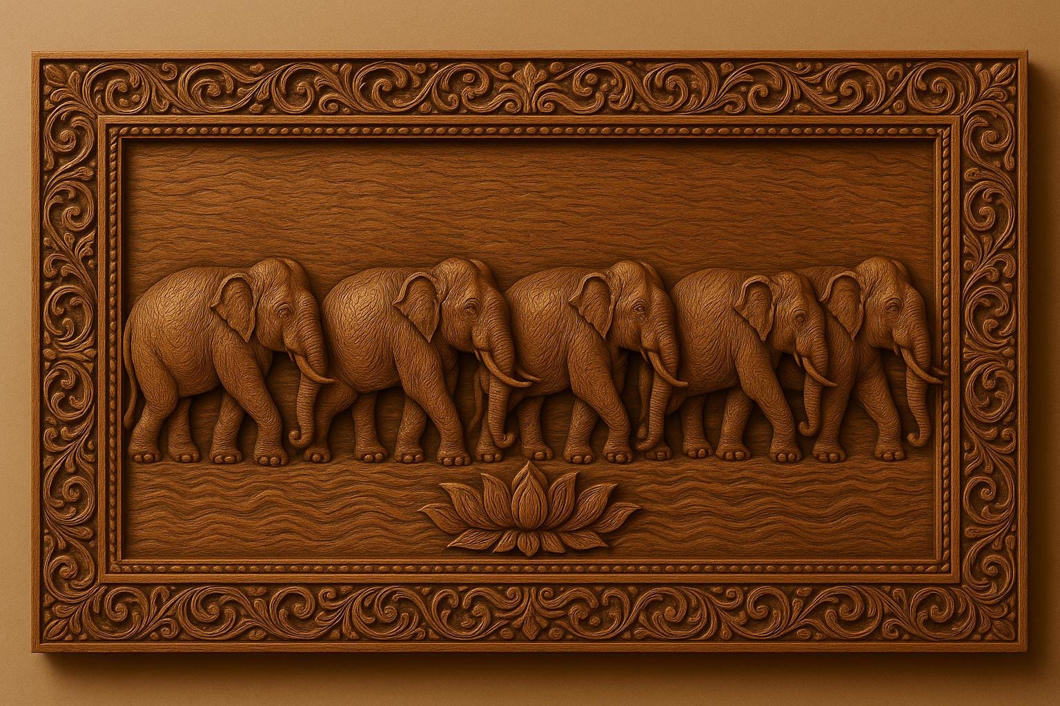 Elephant Wooden Wall Panel - Teak Handcrafted Parade Art