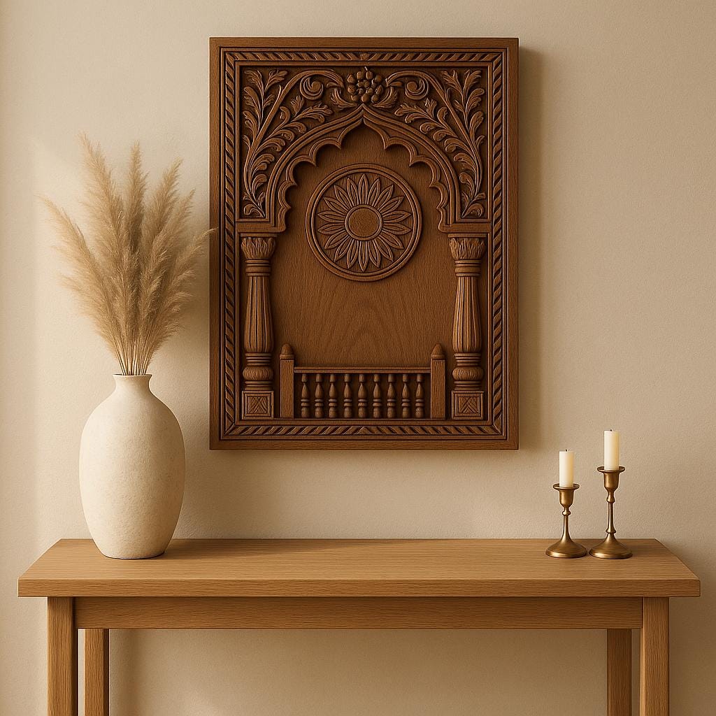 Carved Wooden Jharokha Wall Panel - Boho Distressed Decor